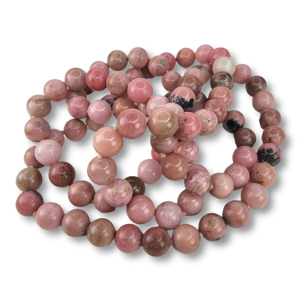 Vintage Pink Rhodonite Round 8mm Beaded Necklace Hand Knotted Silk Cord 29" Long